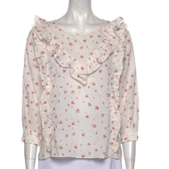 LoveShackFancy Cream & Pink Floral Print Ruffle Blouse - Picture 9 of 9
